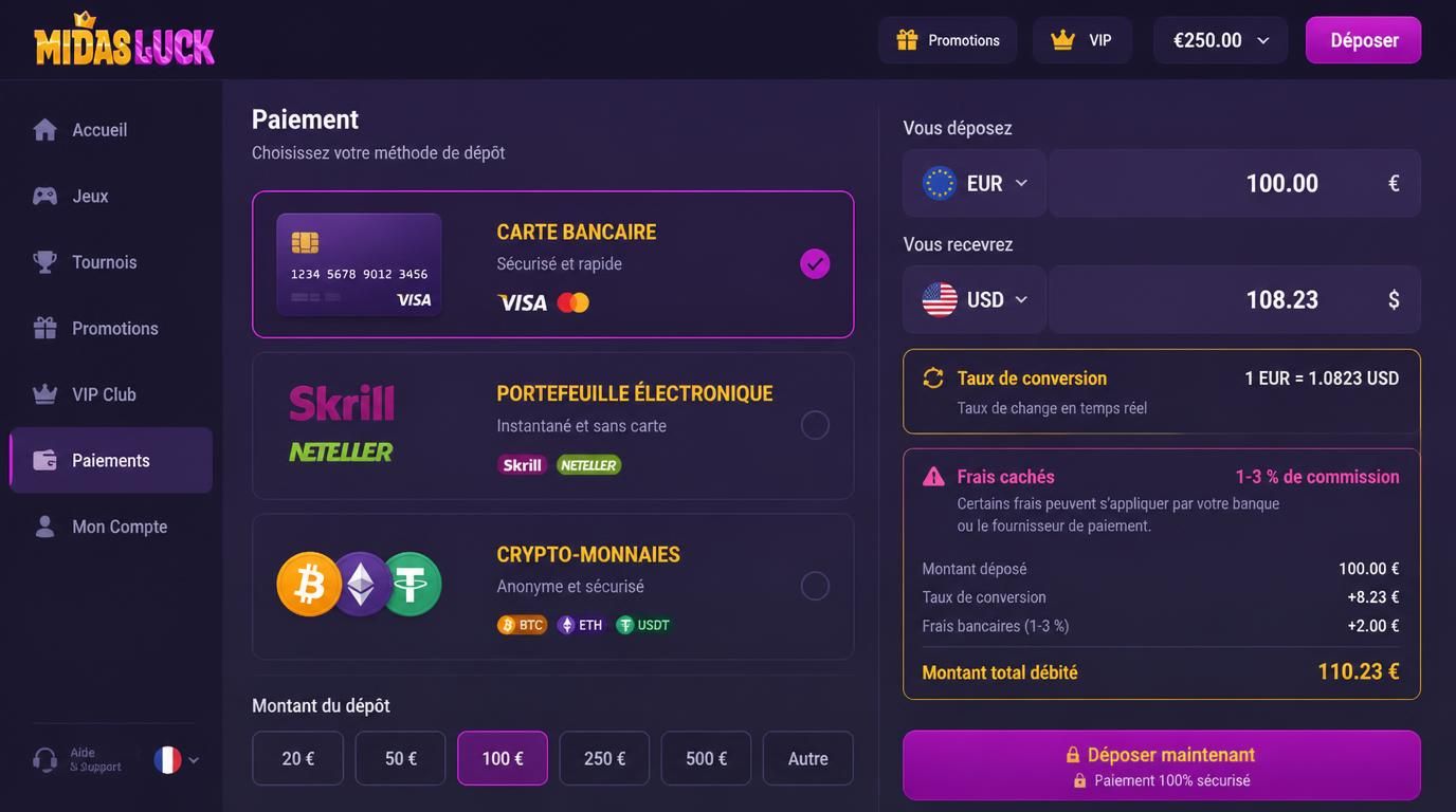 Un montage illustrant les frais de dépôt cachés et conversion de devise dans un casino en ligne français.