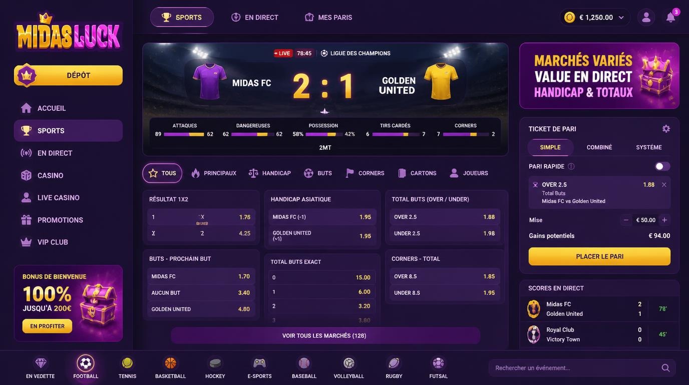 Interface de paris sportifs mettant en avant handicaps, over/under et valeur directe en live.