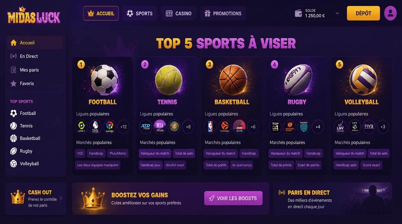 Icônes des sports avec ligues représentées et marchés clés.