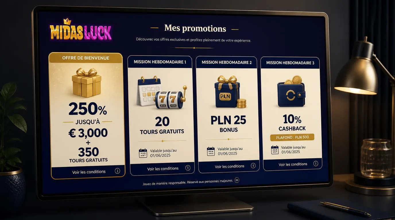 Tableau de récompenses avec offre de bienvenue, tours gratuits et cashback hebdomadaire