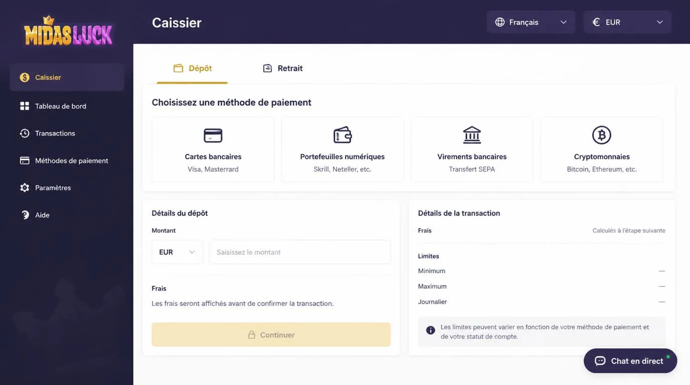 Interface de caisse en français avec sélection EUR, moyens de paiement et bouton de chat en direct