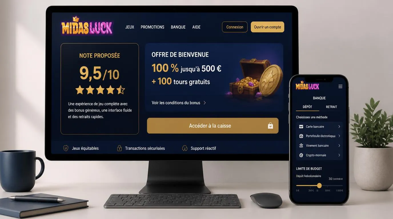 Interface de casino avec note éditoriale, conditions du bonus et accÚs à la caisse sur ordinateur et mobile