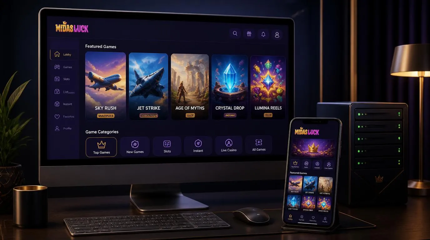 Interface de casino sur ordinateur et mobile, avec un catalogue de jeux et des indicateurs de stabilité